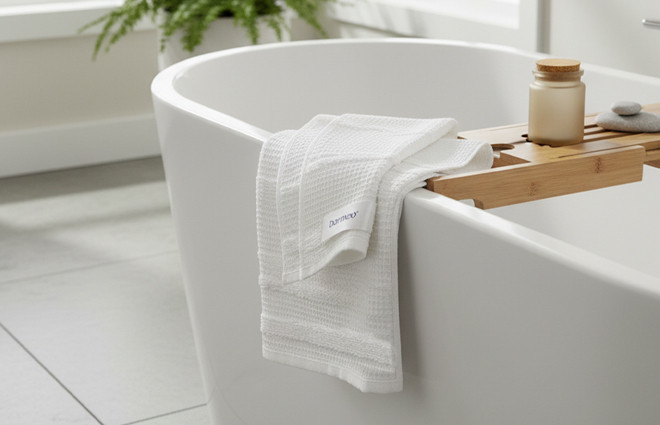 Peshqir Dormeo Cotton Breeze — blu e lehtë në banjo moderne
